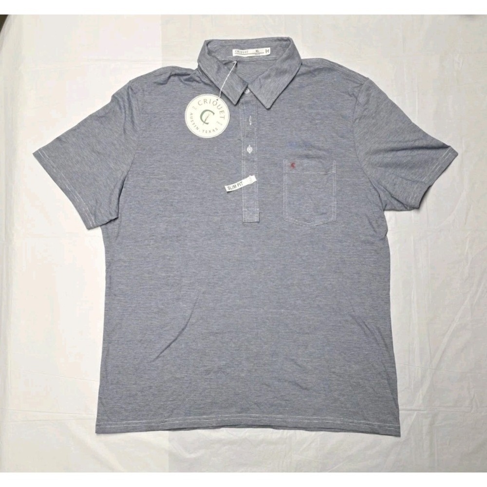 Criquet Polo Shirt Mens XL Slim Fit Heather Blue Striped Pocket Pima Cotton